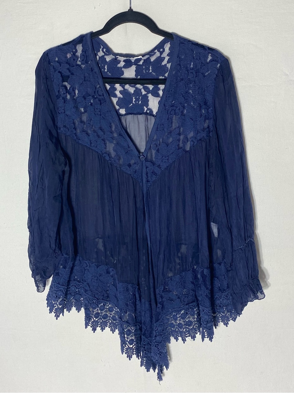 M&G Made In Italy Navy Silk Viscose Lace Trim Sheer Kimono Blouse XL